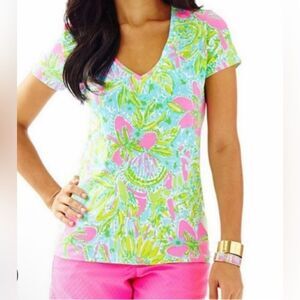 Lilly Pulitzer Womens Michele Coconut Grove Floral Bright V-Neck Tee SZ XS